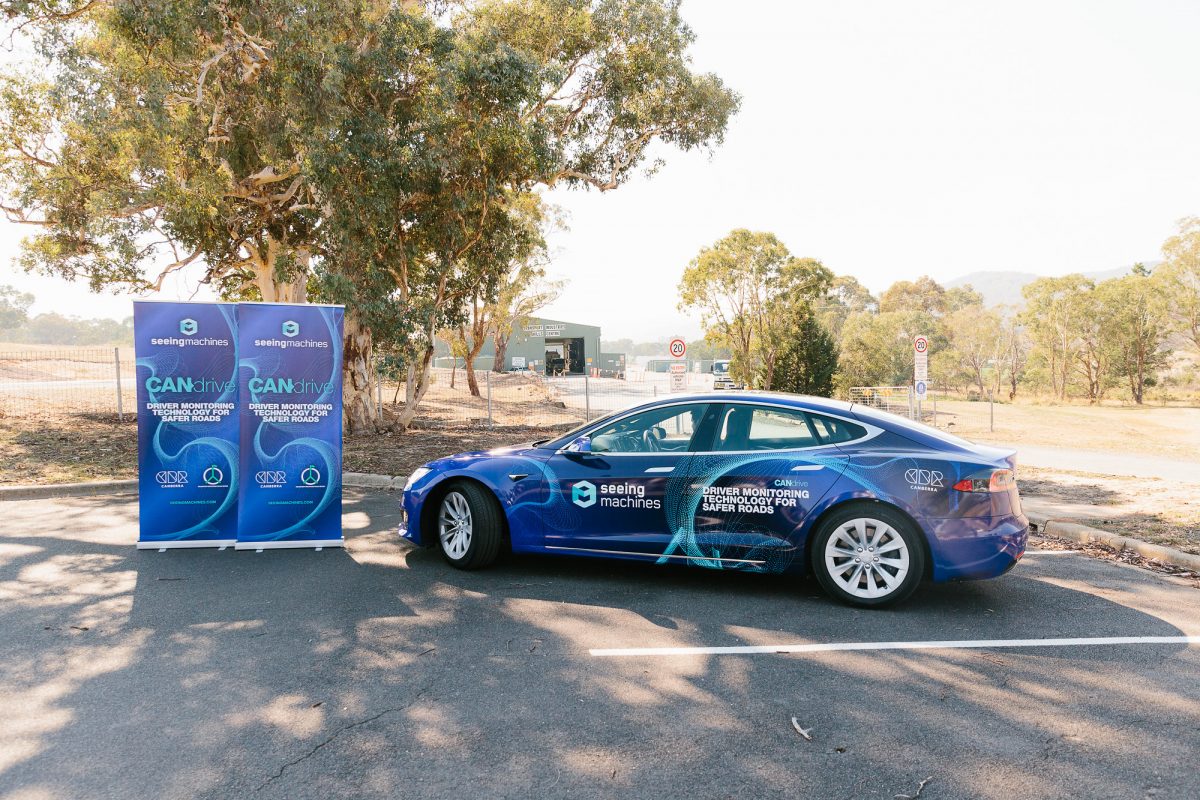 Seeing Machines' Tesla parked at Canberra’s Sutton Driver Training Track for the CANdrive test track trial