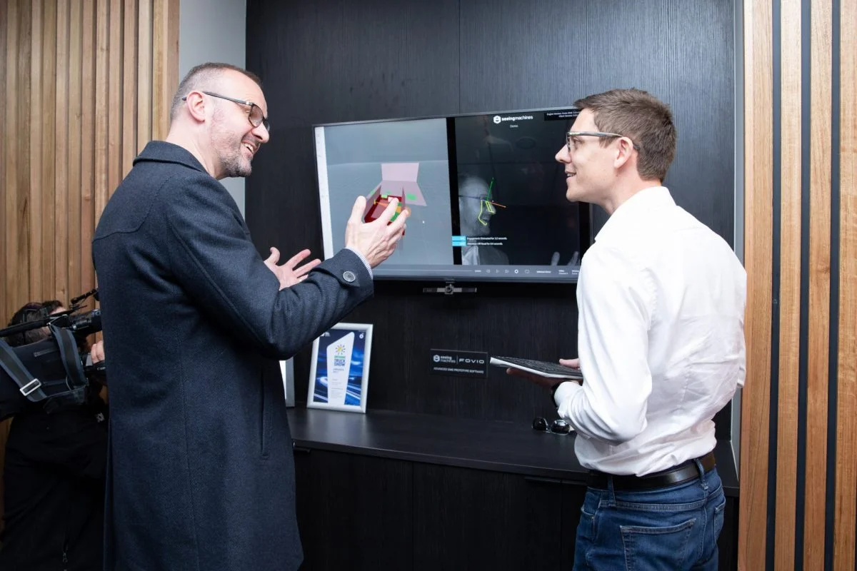 ACT Chief Minister Andrew Barr speaks to John Noble at Seeing Machines HQ at the Guardian Centre opening